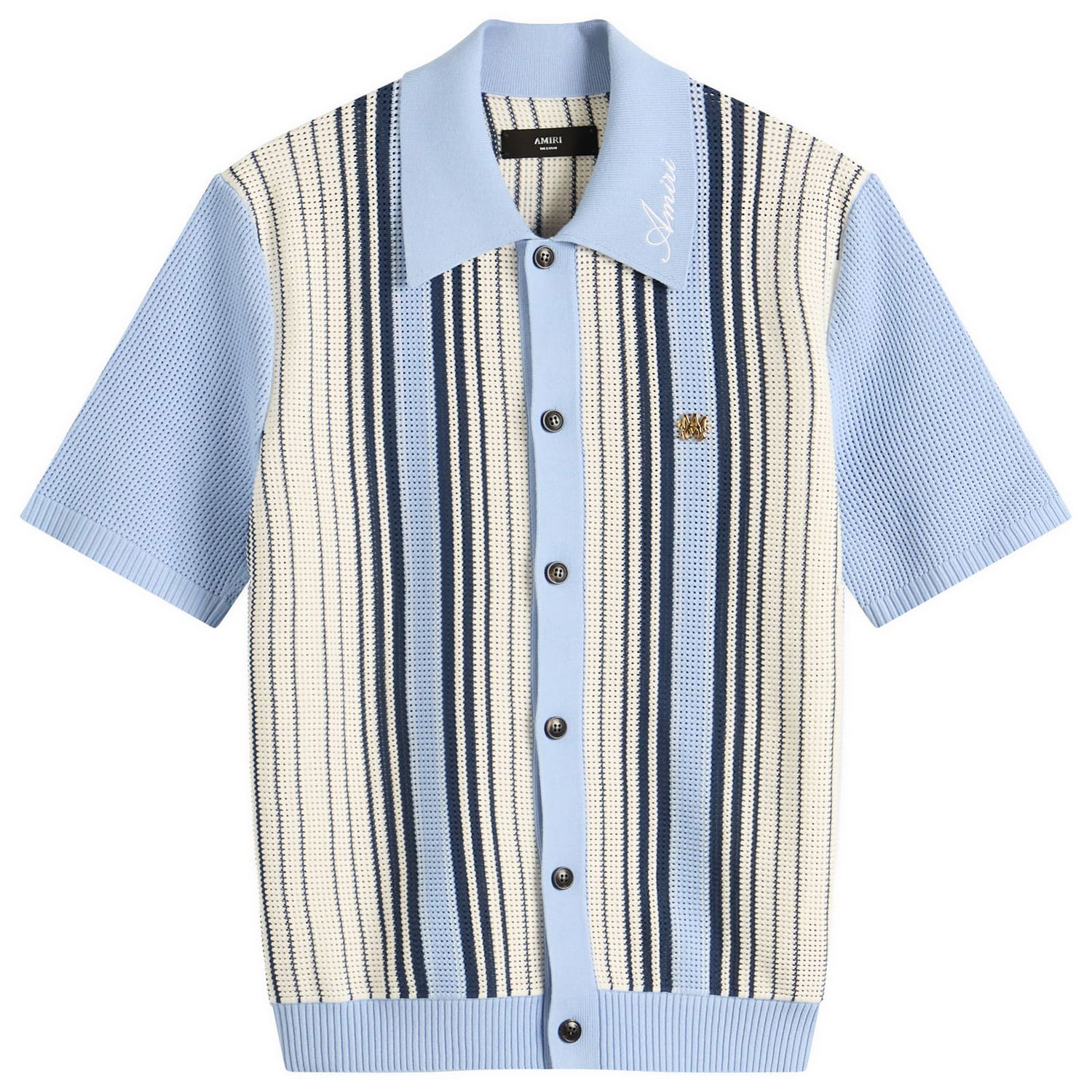 Polotröja AMIRI Striped Knitted Polo Shirt, Size Large Blå | AMKNIR1026-AshleyBlue, 1