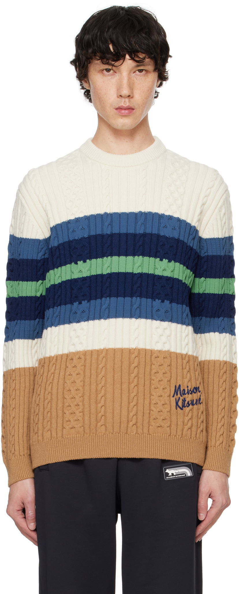 Sweater MAISON KITSUNÉ Striped Cable Crewneck Sweater Flerfärgad | NM00804KH0001