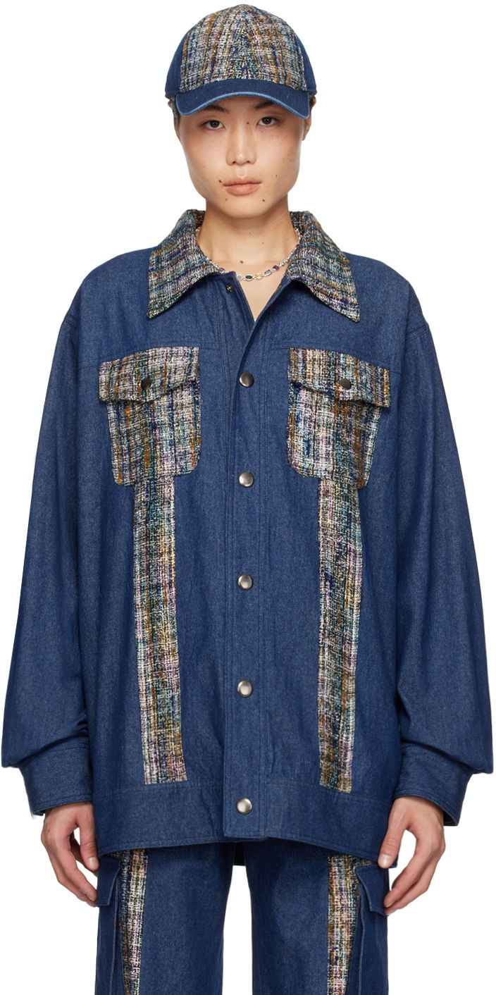 Keps Anna Sui Anna Sui Denim Jacket with Tweed Panels Blå | M1024B33