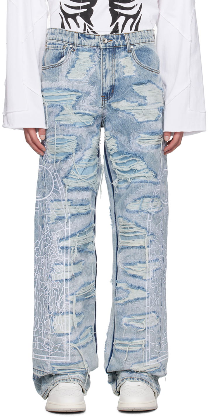 Jeans Who Decides War Distressed Embroidered Straight-Leg Jeans Blå | 1120650008SS24