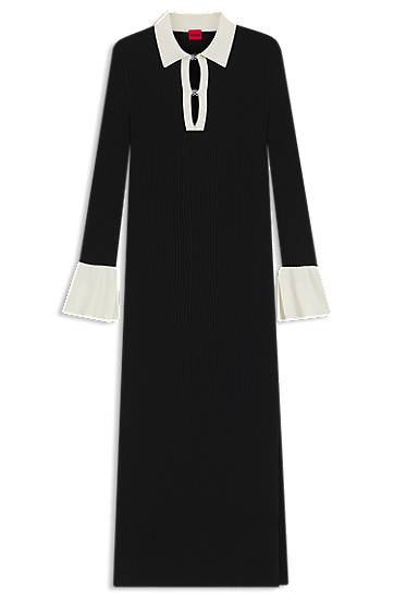 Klä BOSS Ribbed Knit Polo Keyhole Dress Svart | 50542620