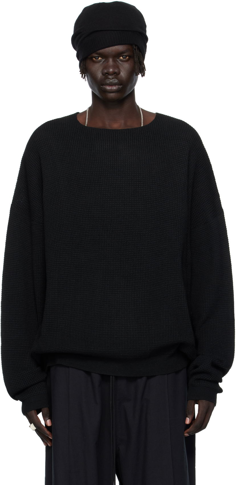 Sweater Fear of God Fear of God ESSENTIALS Waffle Knit Long Sleeve Crewneck Sweatshirt Svart | 192SP256160F