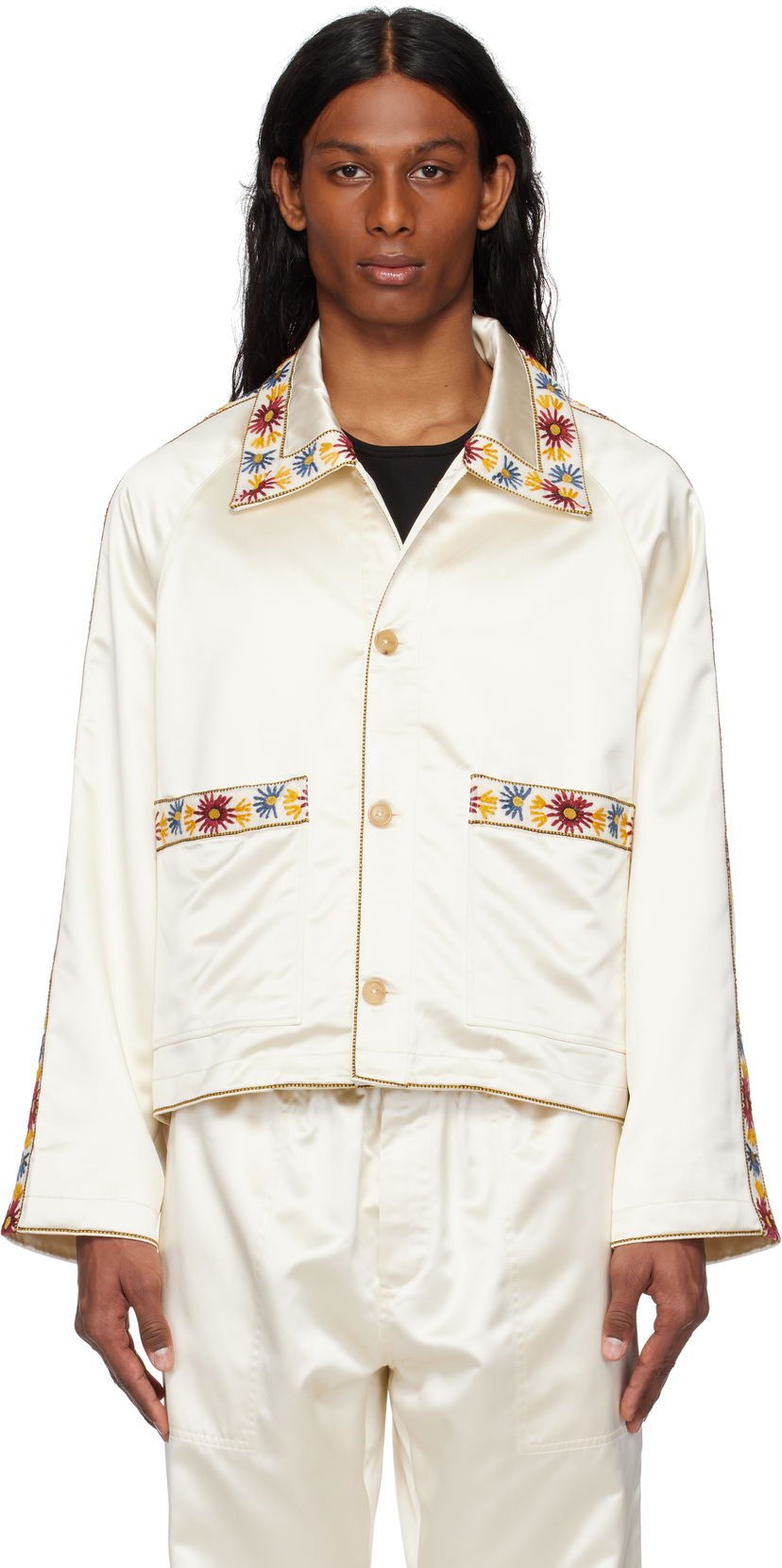Bomberjacka Bode Bode Embroidered Satin Jacket Vit | MRS25OW014
