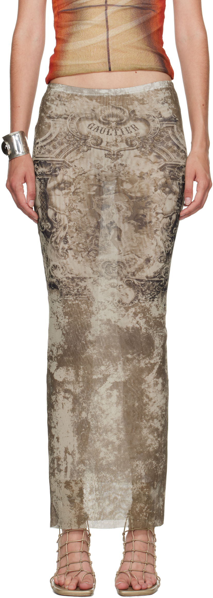 Kjol Jean Paul Gaultier Jean Paul Gaultier Long Medailon Print Mesh Midi Skirt Beige | 25/03-W-SK005-M006P-6965