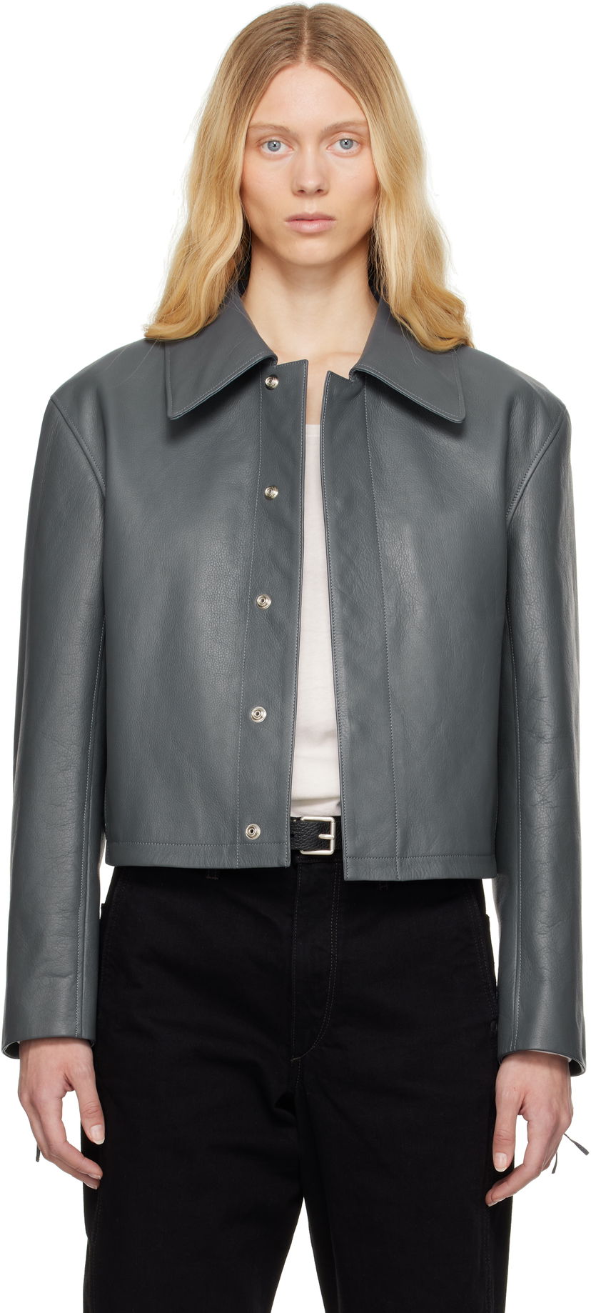 Jacka LEMAIRE Lemaire Boxy Cropped Leather Jacket Grå | OW1133 LL0099