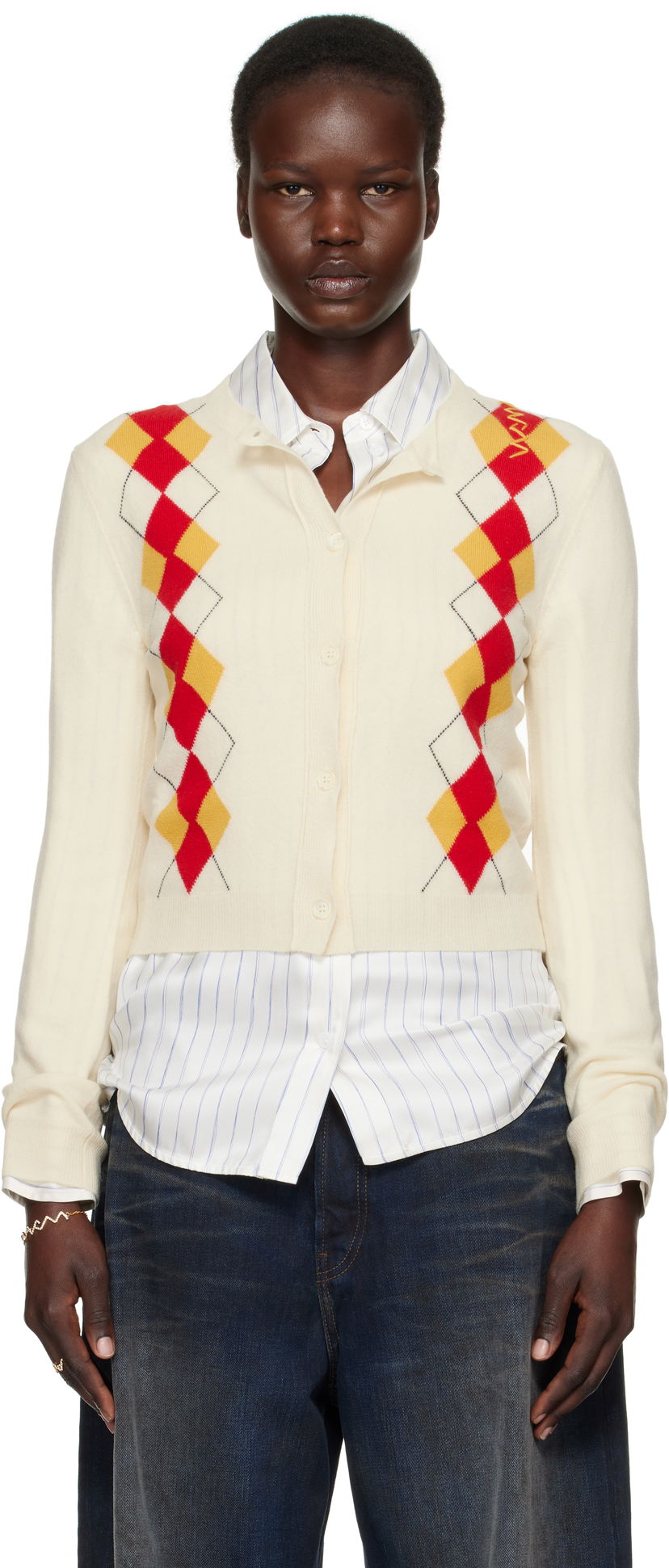 Sweater Marni Marni Argyle Wool Cropped Cardigan Vit | CDMD0397Q0 UFH546