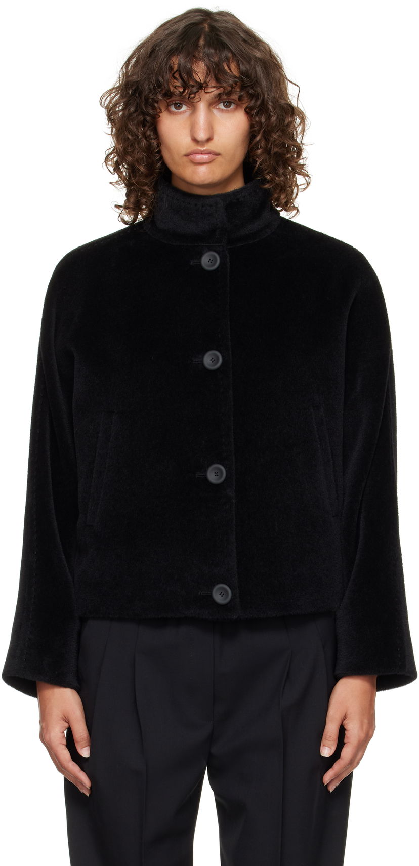 Jacka Max Mara Caladio Cropped Textured High Neck Button-Up Jacket Svart | 2526086091600