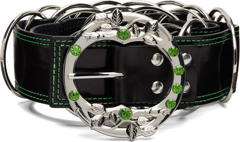 Bälten Chopova Lowena Leather Ring Belt with Green Crystal Leaf Buckle and Contrast Stitching Svart | 6717