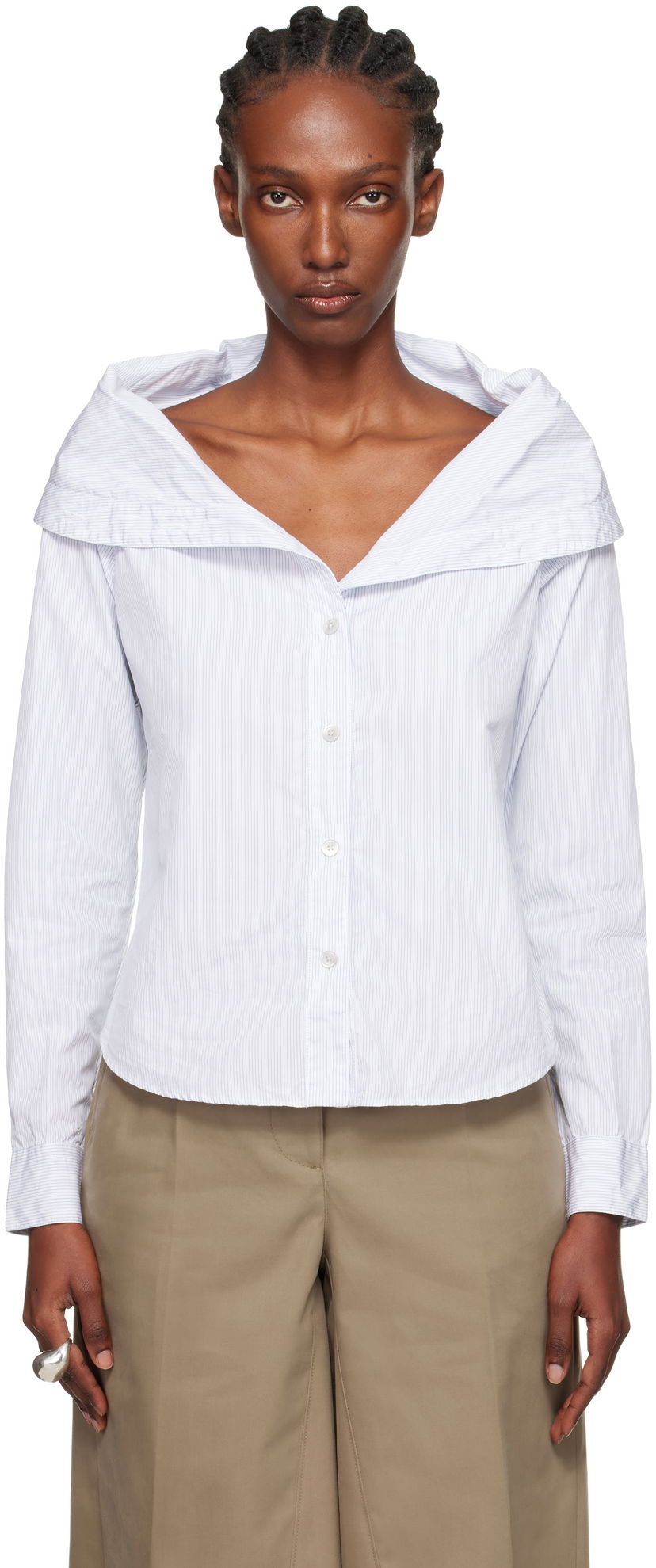 Skjorta OUR LEGACY Kaonashi Pinstriped Long-Sleeve Off-Shoulder Button-Up Shirt Vit | W4252KD