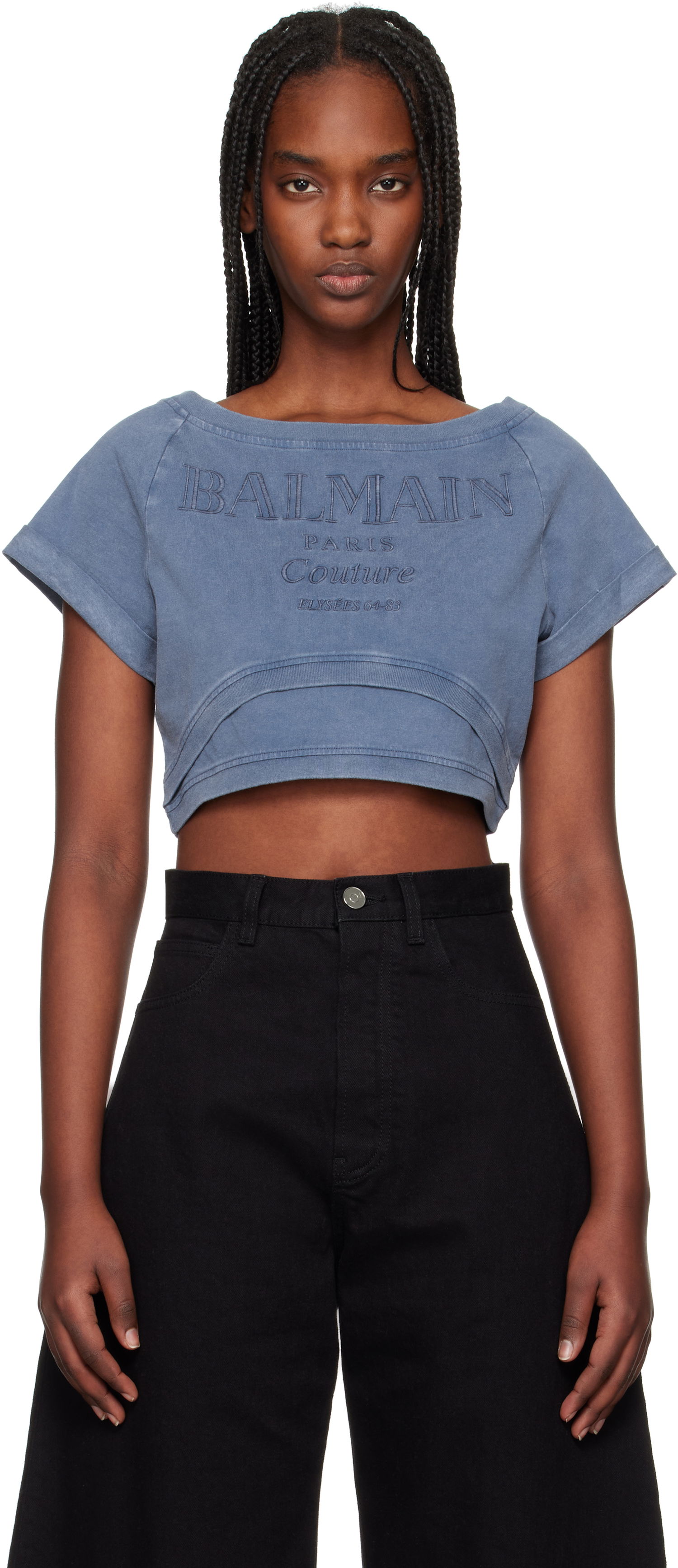 Crop top Balmain Balmain Cropped Couture Embroidered T-Shirt Blå | EF1EE121BC96, 0
