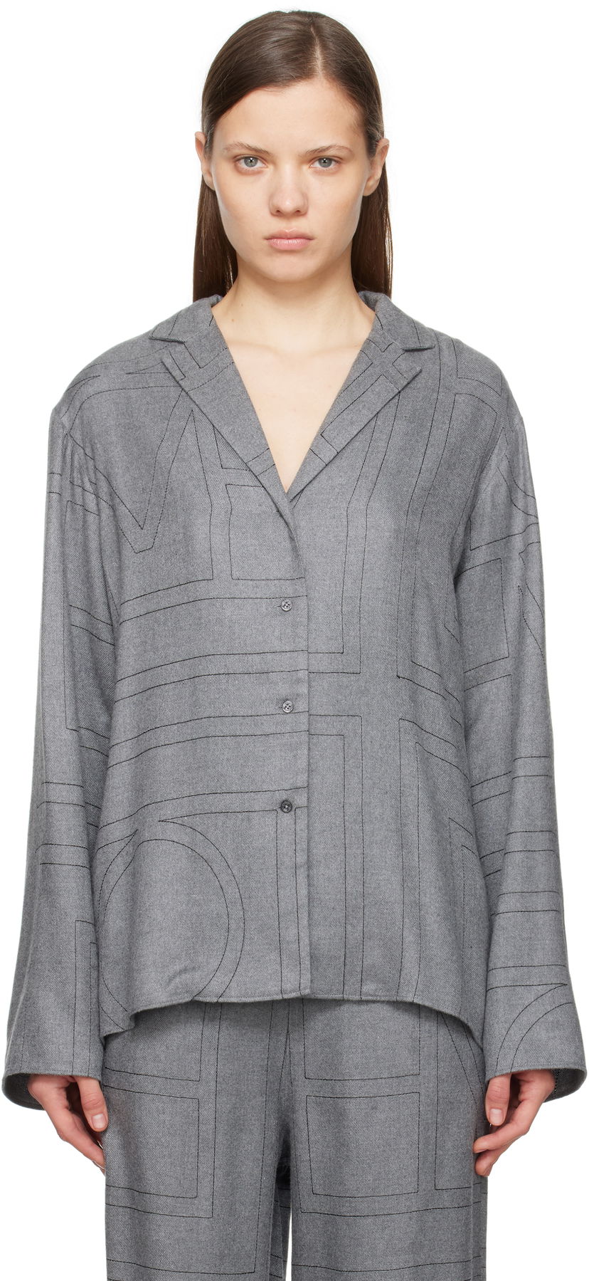 Skjorta TOTEME TOTEME Monogram Flannel Pajama Shirt Grå | 251-WRT976-FB0080