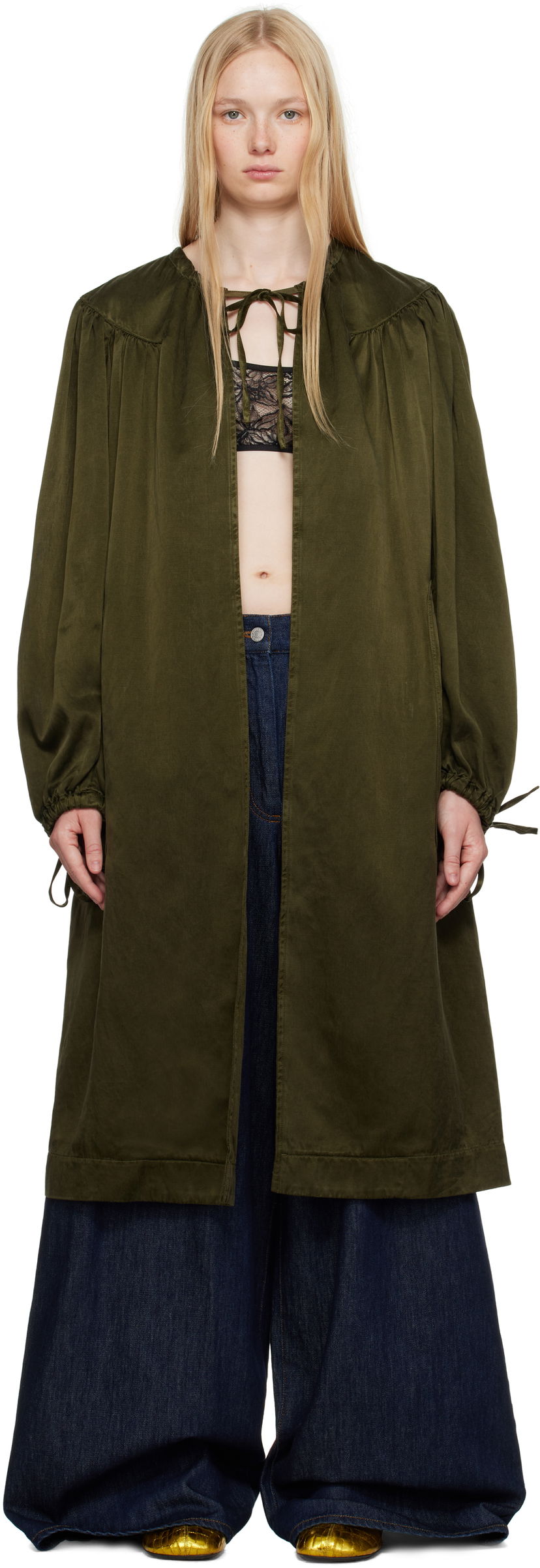 Trenchcoat Dries Van Noten Dries Van Noten Gathered Open Front Coat Grön | 251-010202-1426