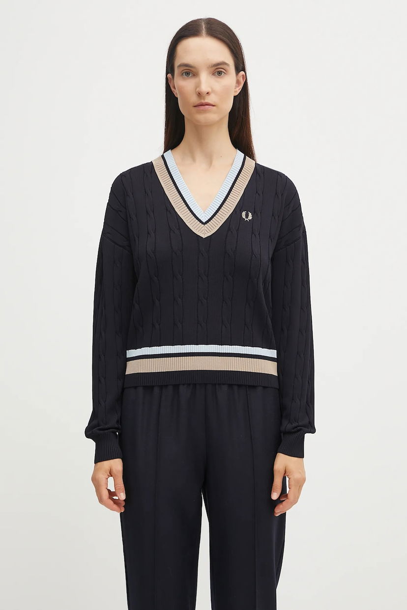 Sweater Fred Perry Fred Perry Cable Knit V-Neck Sweater Mörkblå | K1102