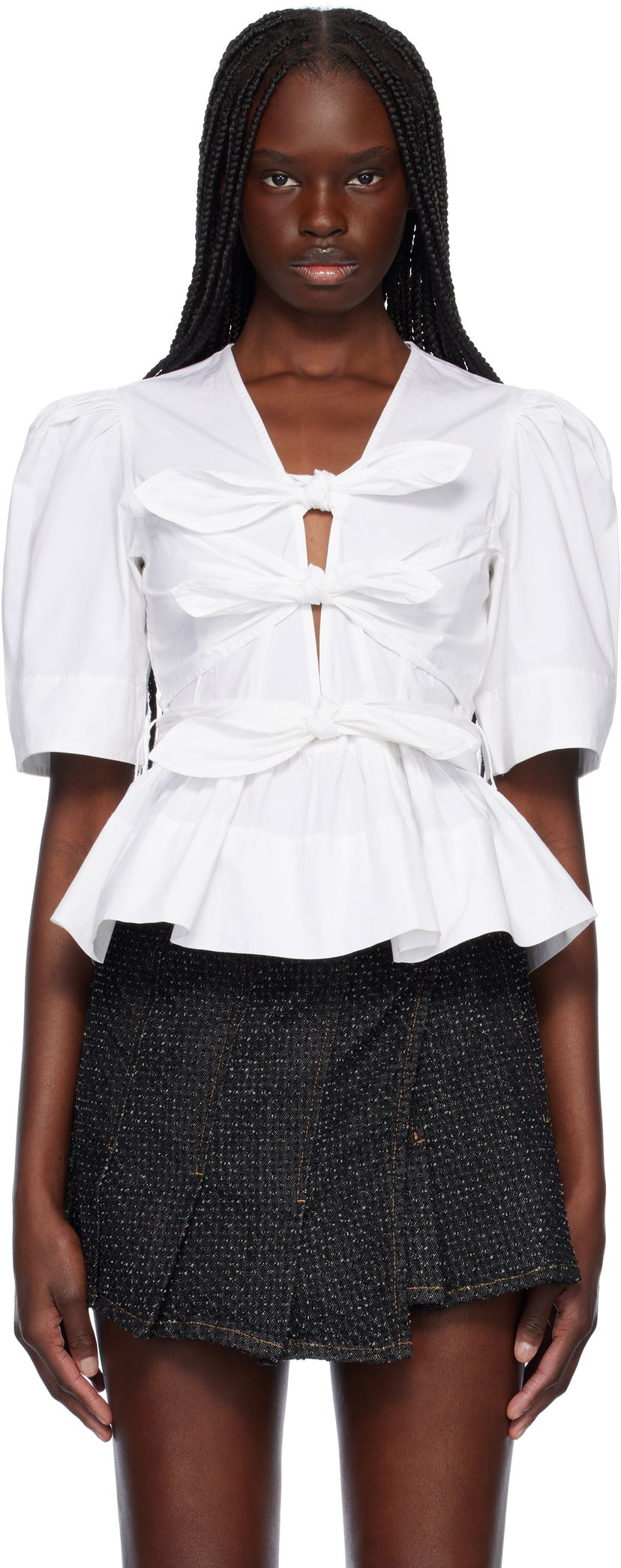 Skjorta GANNI GANNI Stretch Cotton Tie Front Peplum Blouse Vit | W0309