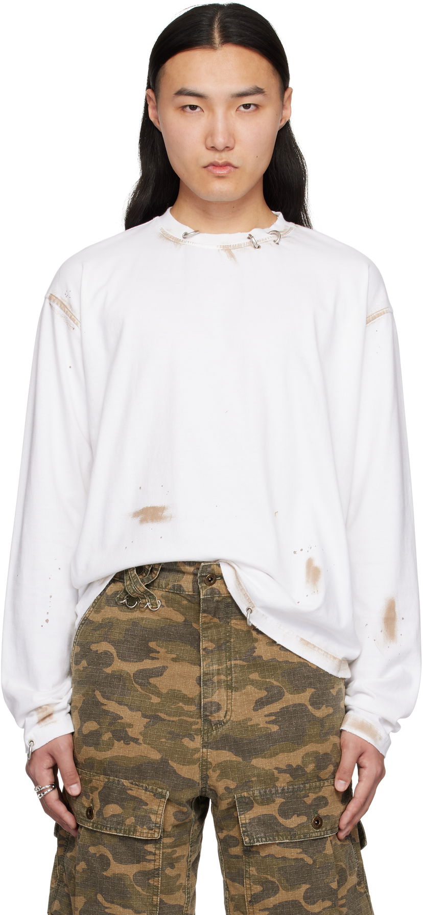 Sweater We11done We11done Pierced Long Sleeve T-Shirt Vit | WD-TT0-25-771-U-WH