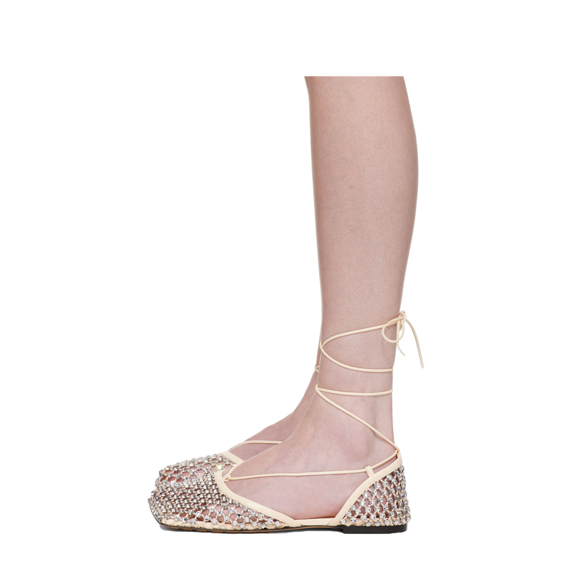 Sneakers och skor Bottega Veneta Sparkle Stretch Lace-Up Flat Sandals "Off White" Vit | 740007 V0GU1