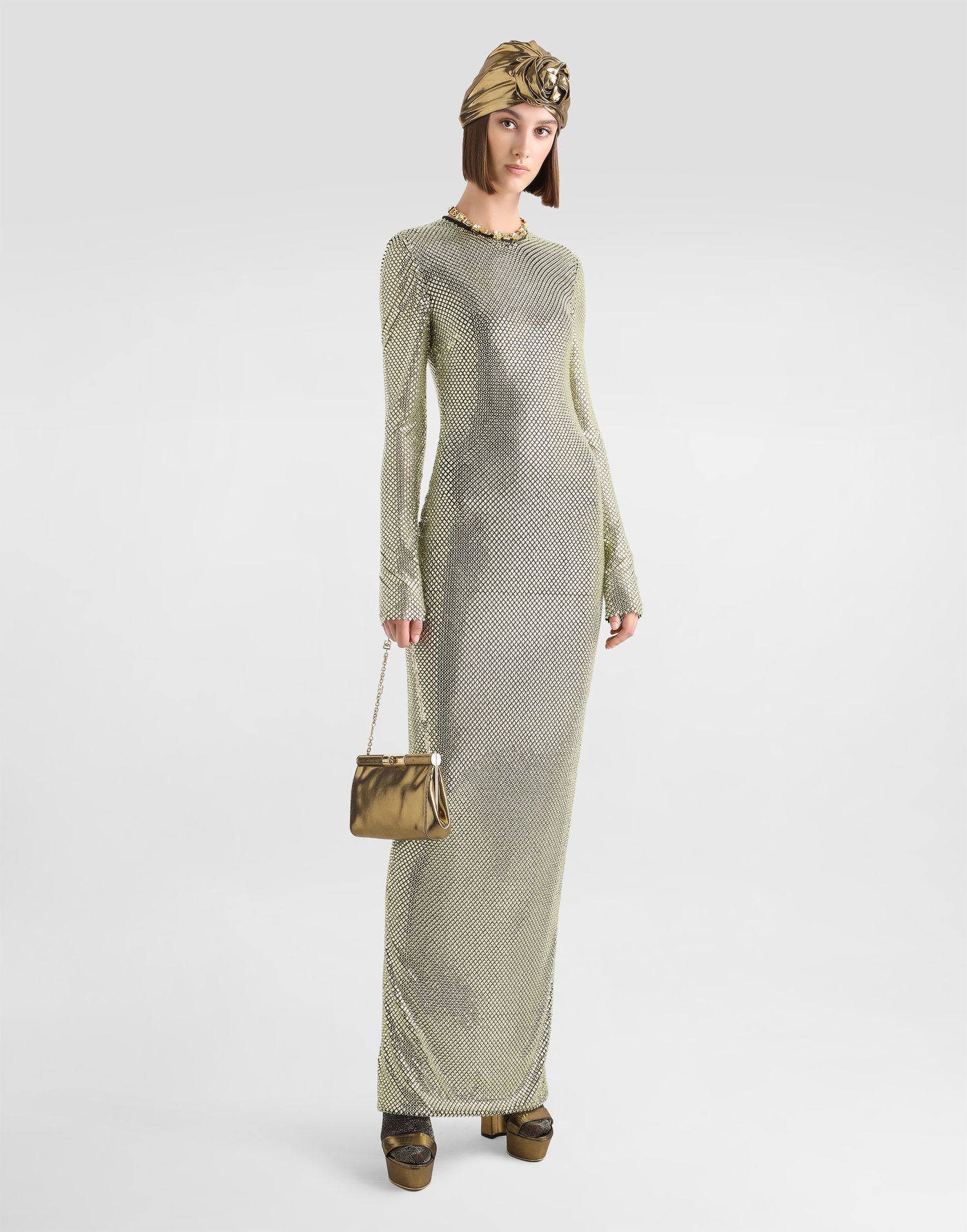 Klä Dolce & Gabbana Long Crystal Mesh Dress Metallisk | F6TJLZFLSK3S0997, 1