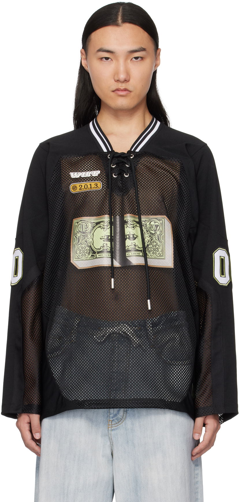Jersey Off-White Banknote Mesh Hockey Long Sleeve T-Shirt Svart | OMAD004S25JER0031014