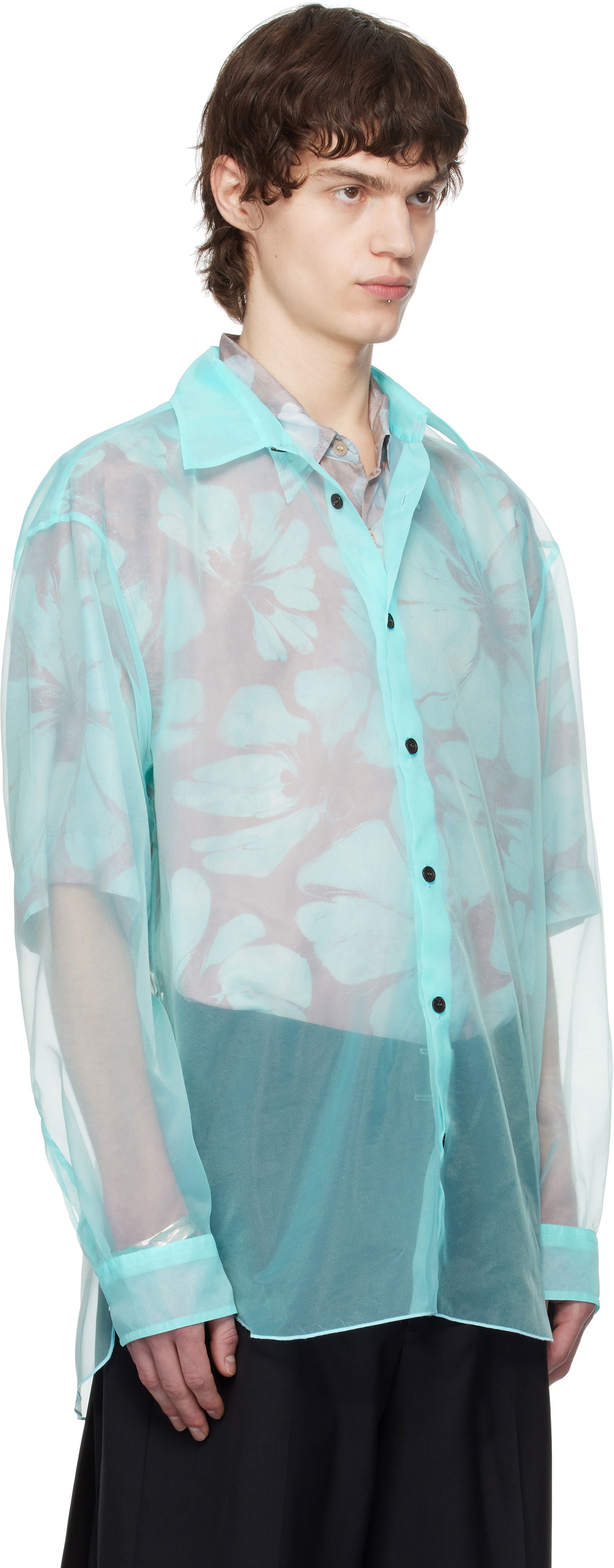 Skjorta Dries Van Noten Dries Van Noten Organza Floral-Print Shirt Turkos | 251-020732-1501, 1