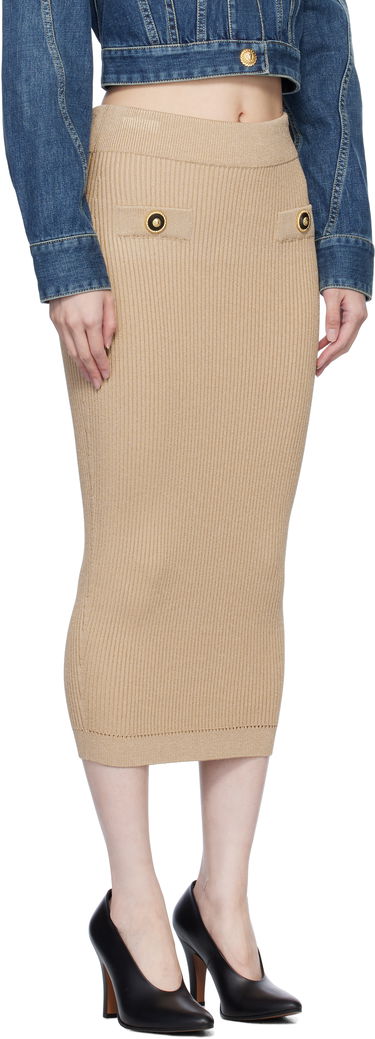 Kjol Balmain Ribbed Knit Midi Skirt Beige | EF1LD022KI10, 1