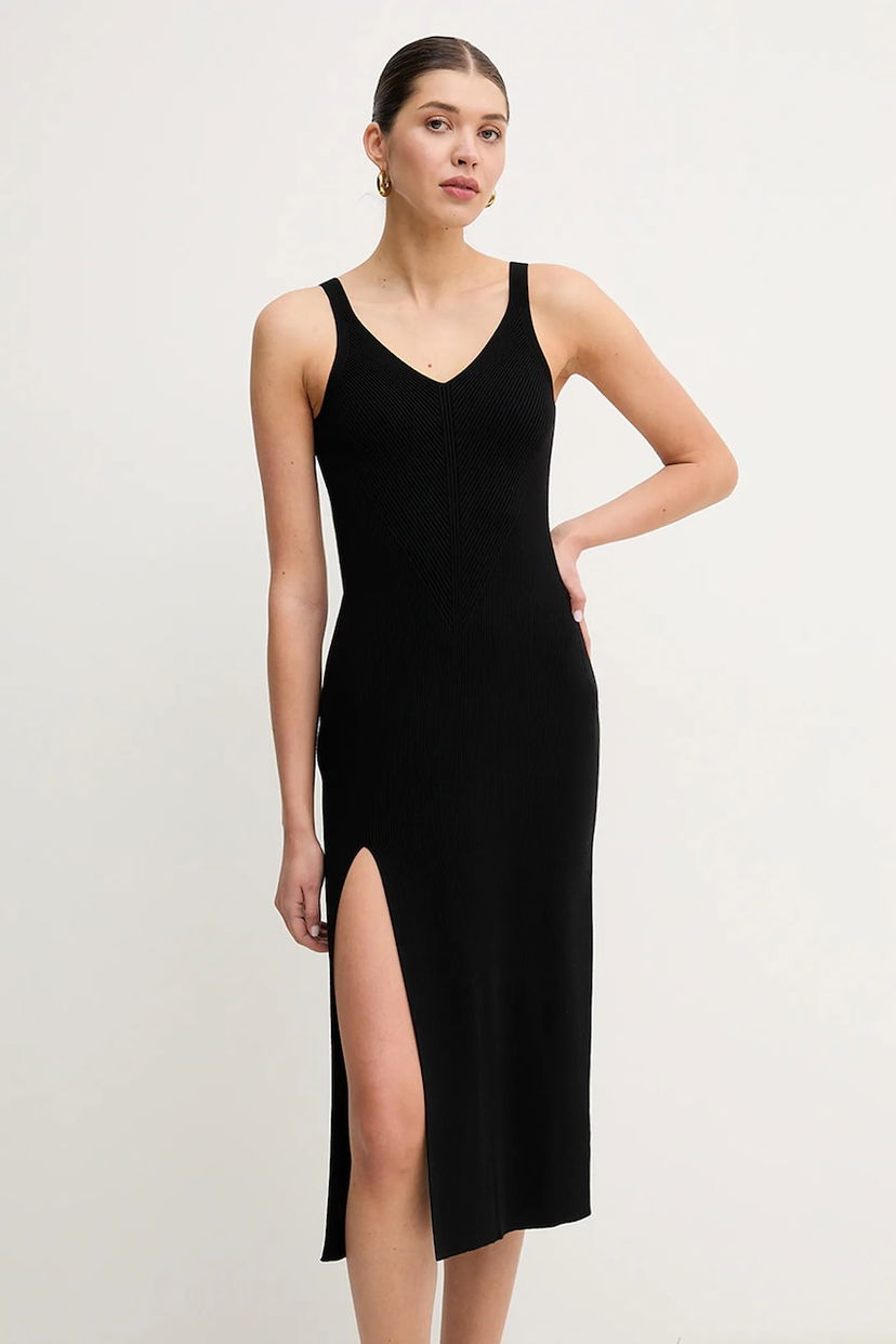 Klä Lacoste Lacoste Midi Knit Dress with V-Neck and Slit Svart | EF9270