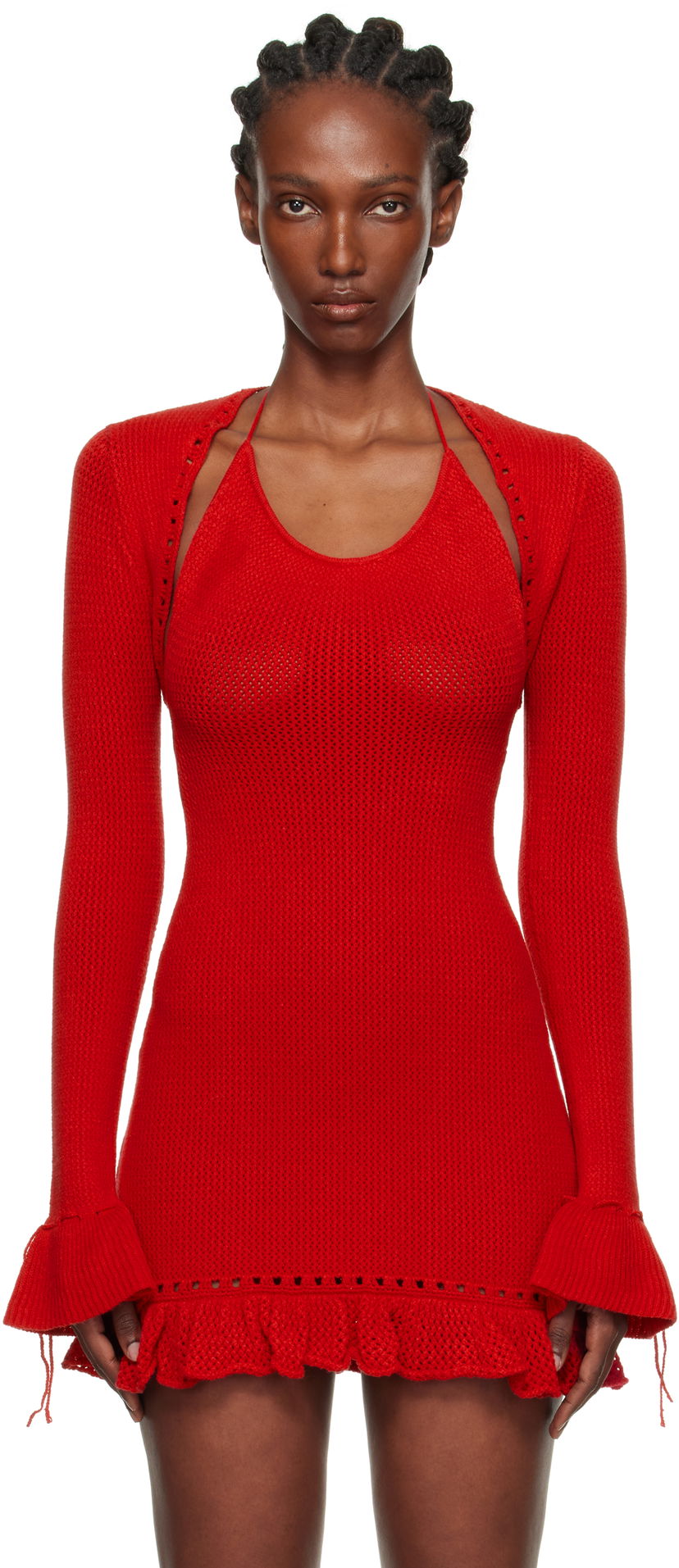Sweater GUIZIO Guizio Crochet Ruffle Sleeve Bolero Cardigan Röd | P25705S019