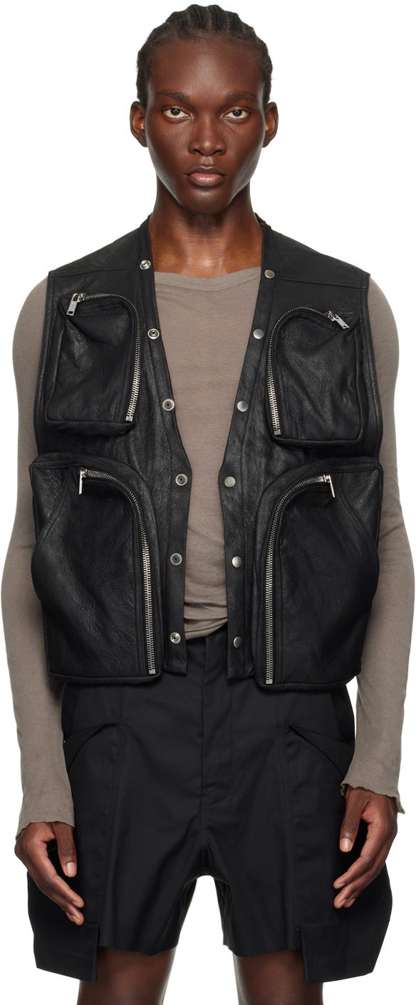 Väst Rick Owens Black Porterville Leather Cargo Vest Svart | RU02D6767 LBA