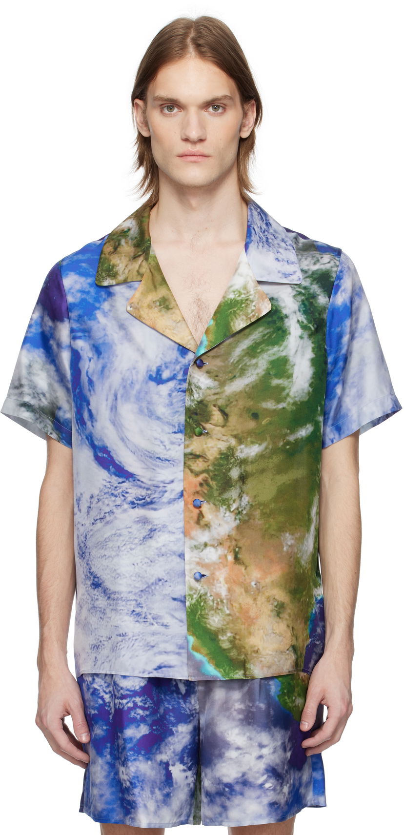 Skjorta Balmain Balmain Earth Print Silk Shirt Blå | EH0HN067SE89