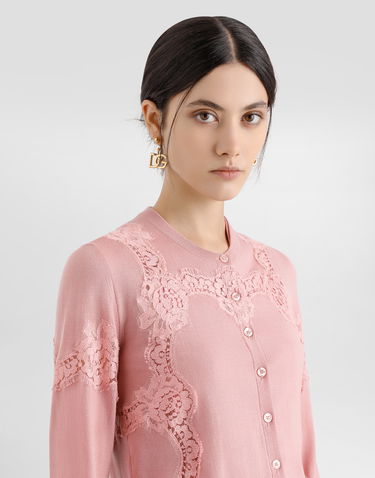 Sweater Dolce & Gabbana Dolce & Gabbana Wool Cardigan with Lace Inlay Rosa | FXV05TJDVB0F0473, 3