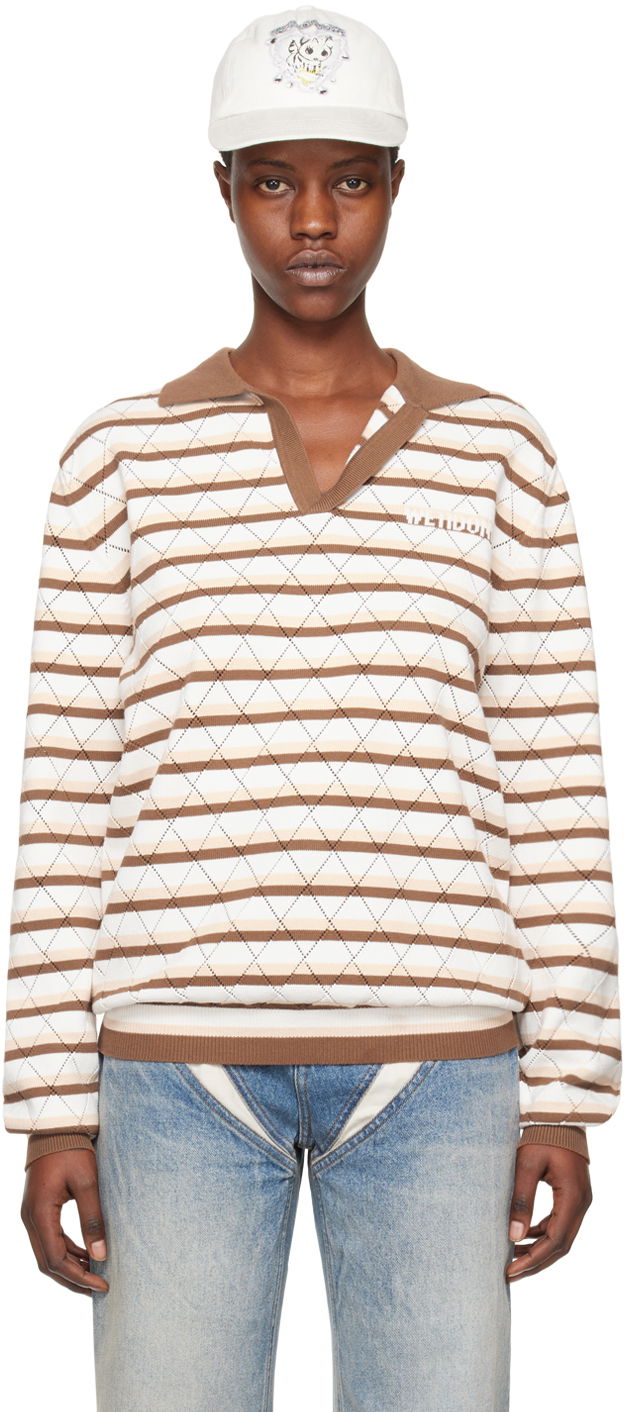 Polotröja We11done Striped Long Sleeve Polo Beige | WD-KT0-24-639-U-BR