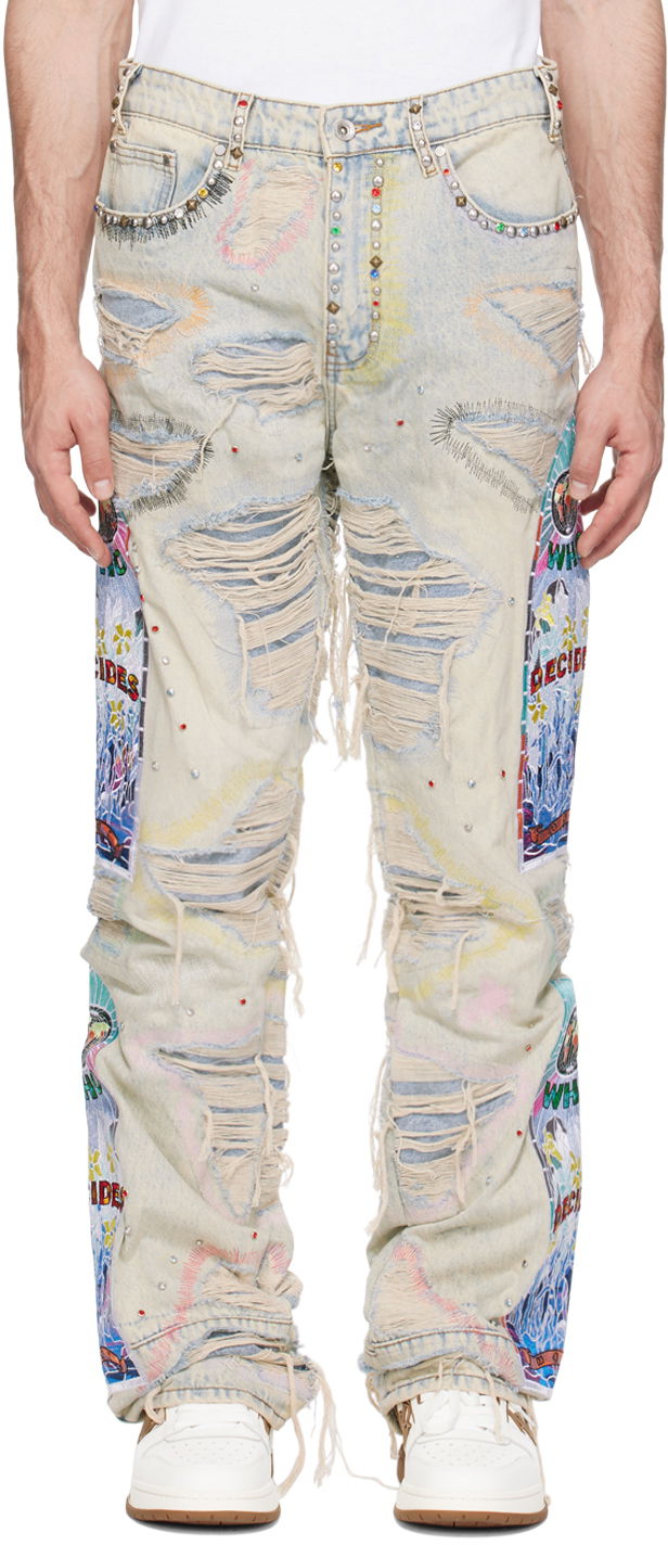 Jeans Who Decides War Who Decides War Distressed Studded Embroidered Patched Jeans Flerfärgad | 1120970008SS24