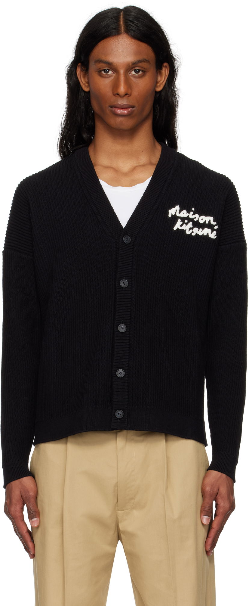 Sweater MAISON KITSUNÉ Handwriting Comfort Ribbed Cardigan by Maison Kitsuné Svart | OM00505KT1126