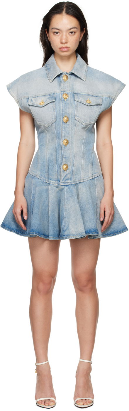 Klä Balmain Flared Denim Minidress Blå | DF0R7365DF17
