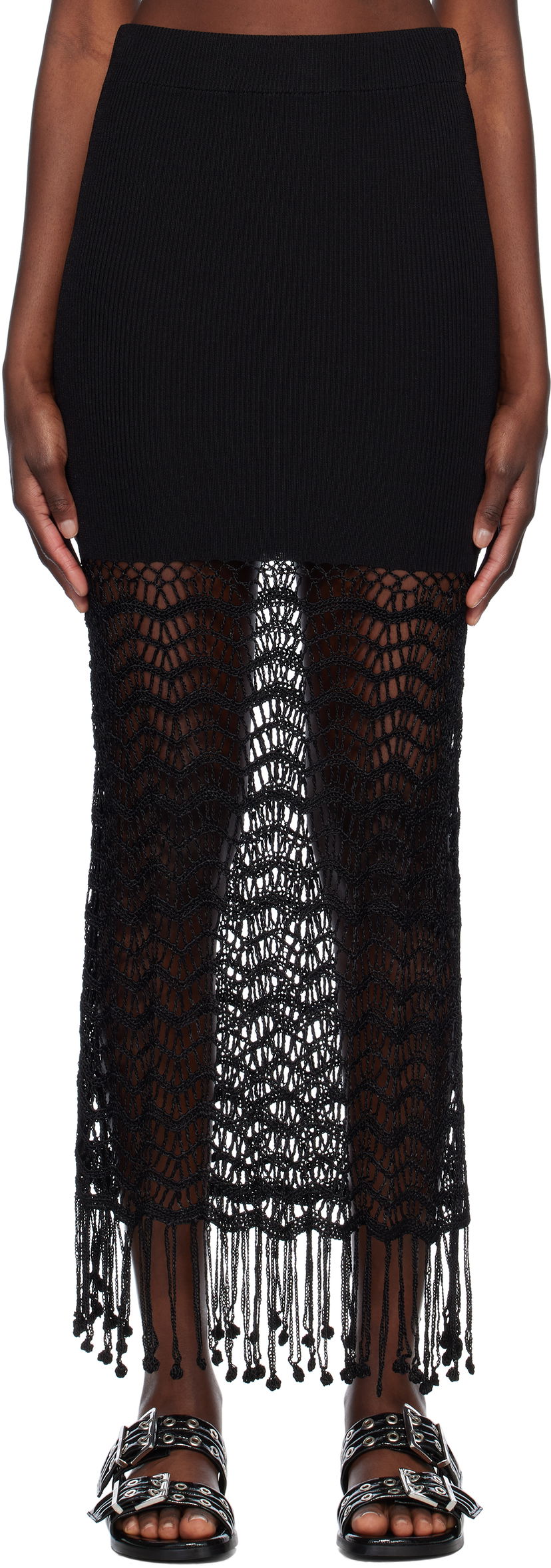 Kjol GANNI GANNI Crochet Maxi Skirt with Fringe Svart | K2435