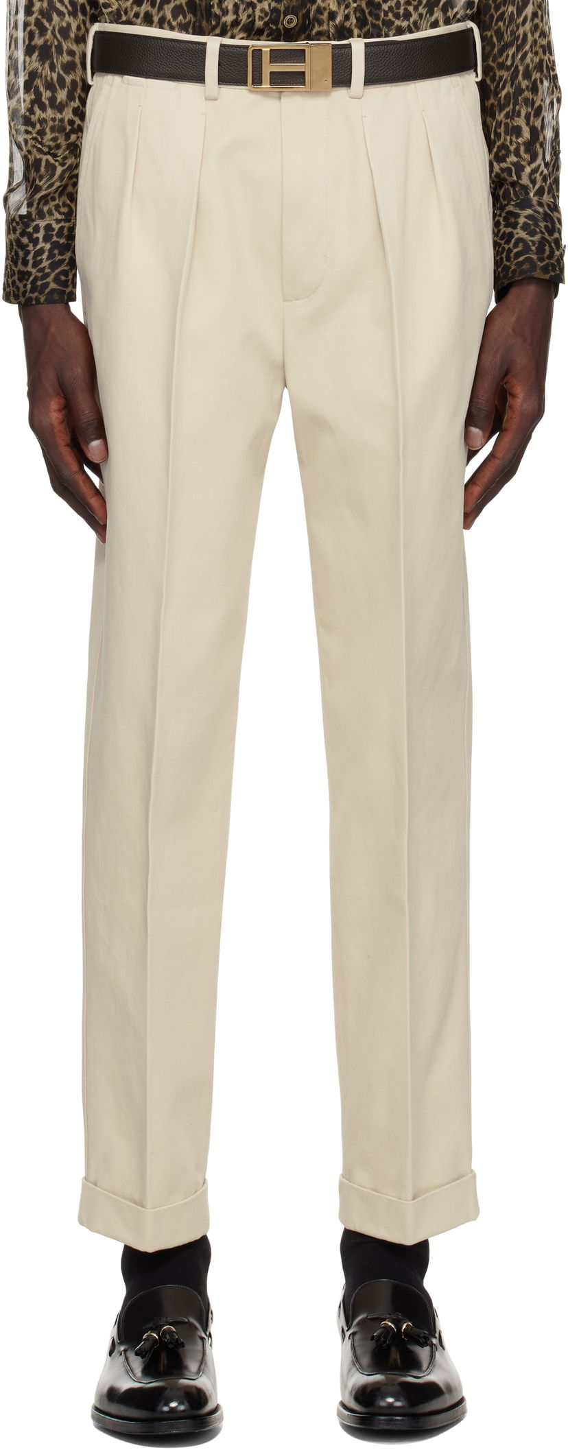 Byxor Tom Ford TOM FORD Double Pleat Gabardine Trousers Beige | SHP004-FMC187S25