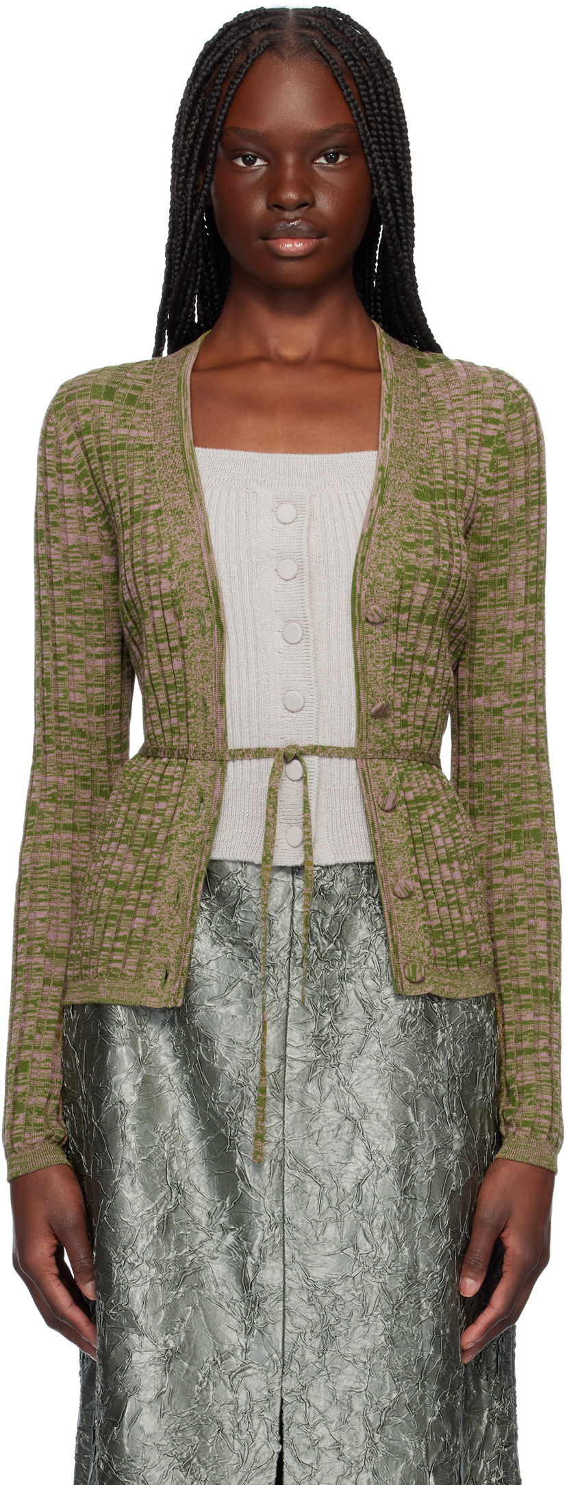 Sweater Dries Van Noten Dries Van Noten Rib-Knit Tie Cardigan Grön | 251-011229-1716