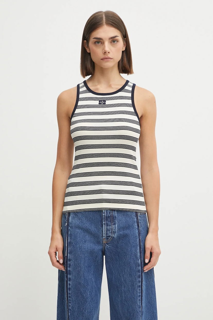 Linne GANNI GANNI Women's Striped Soft Cotton Rib Tank Top Vit | T4144