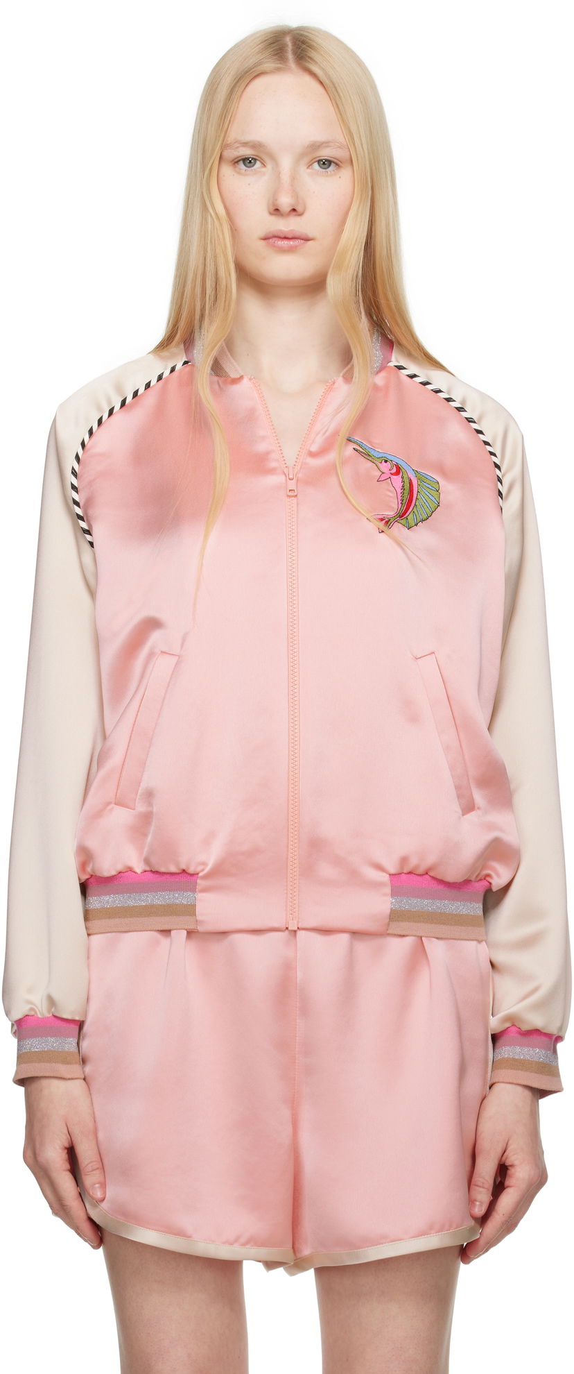 Bomberjacka Anna Sui Anna Sui Satin Embroidered Souvenir Bomber Jacket Rosa | 325D31