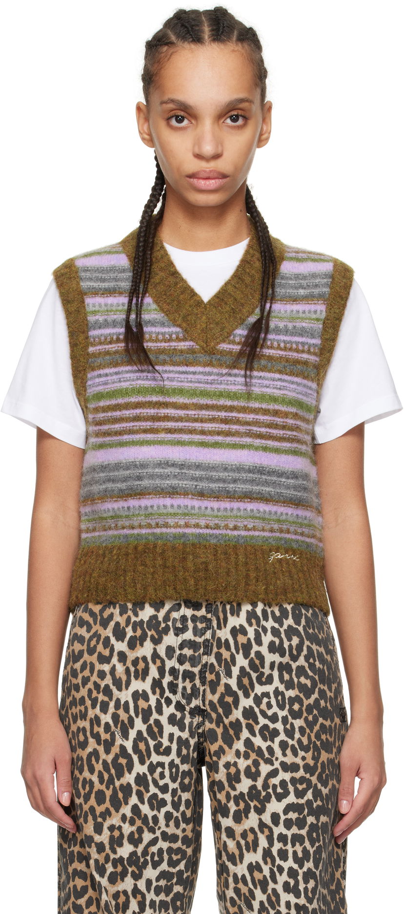 Sweater GANNI GANNI Soft Wool Striped Knit Vest Brun | K2356