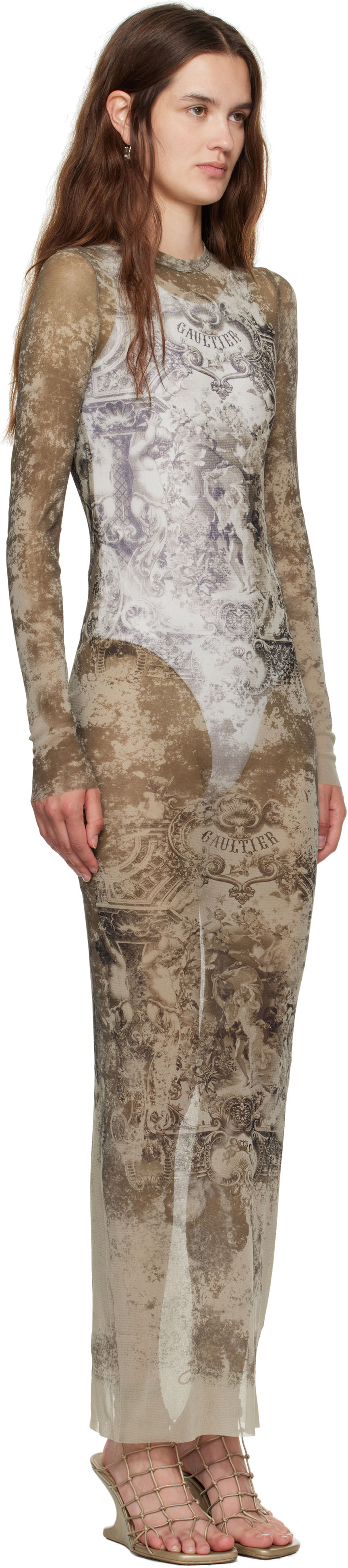 Klä Jean Paul Gaultier Jean Paul Gaultier 'The Long Médaillon' Mesh Maxi Dress Beige | 25/03-W-DR023-M006P-6965, 1