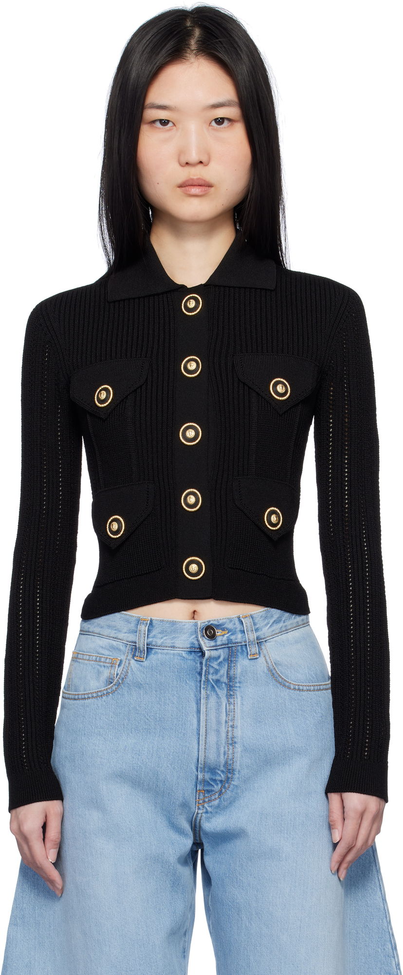 Sweater Balmain Cropped Ribbed Cardigan Svart | EF1KL150KI10