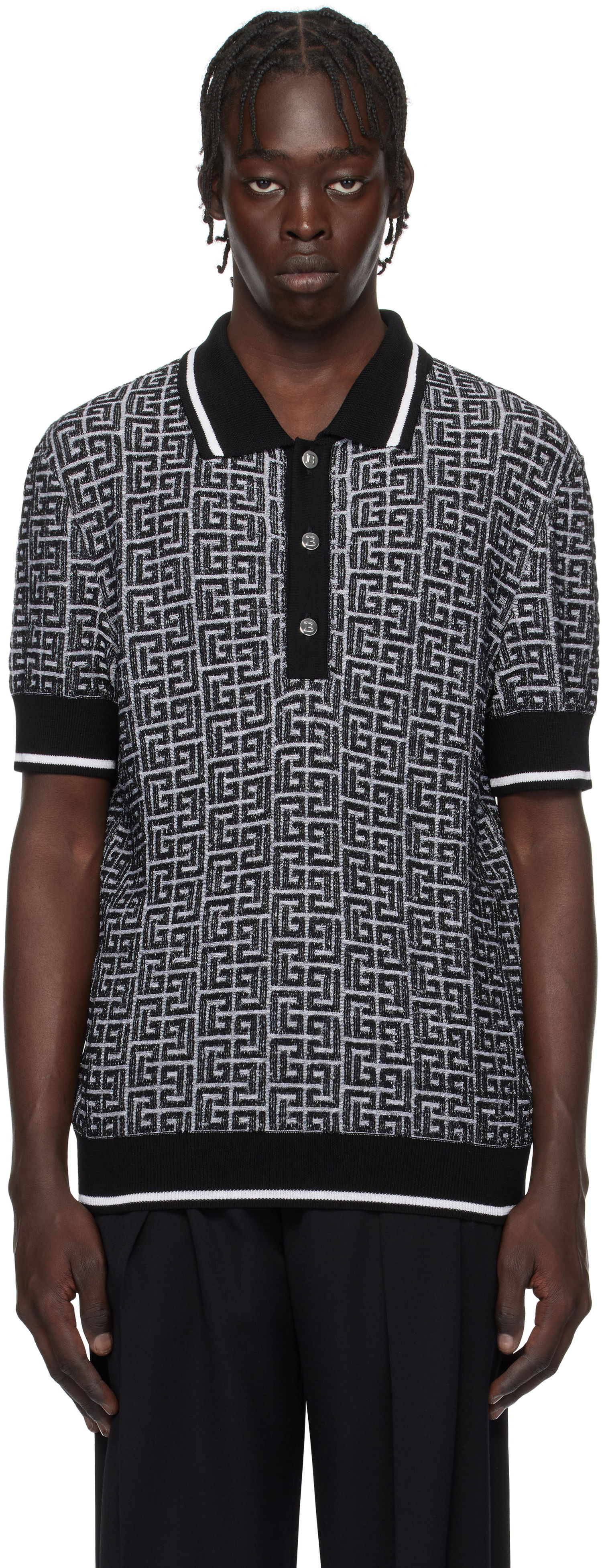 Polotröja Balmain Black & White Labyrinth Knit Polo Shirt Svart | EH1GB020KI03, 0