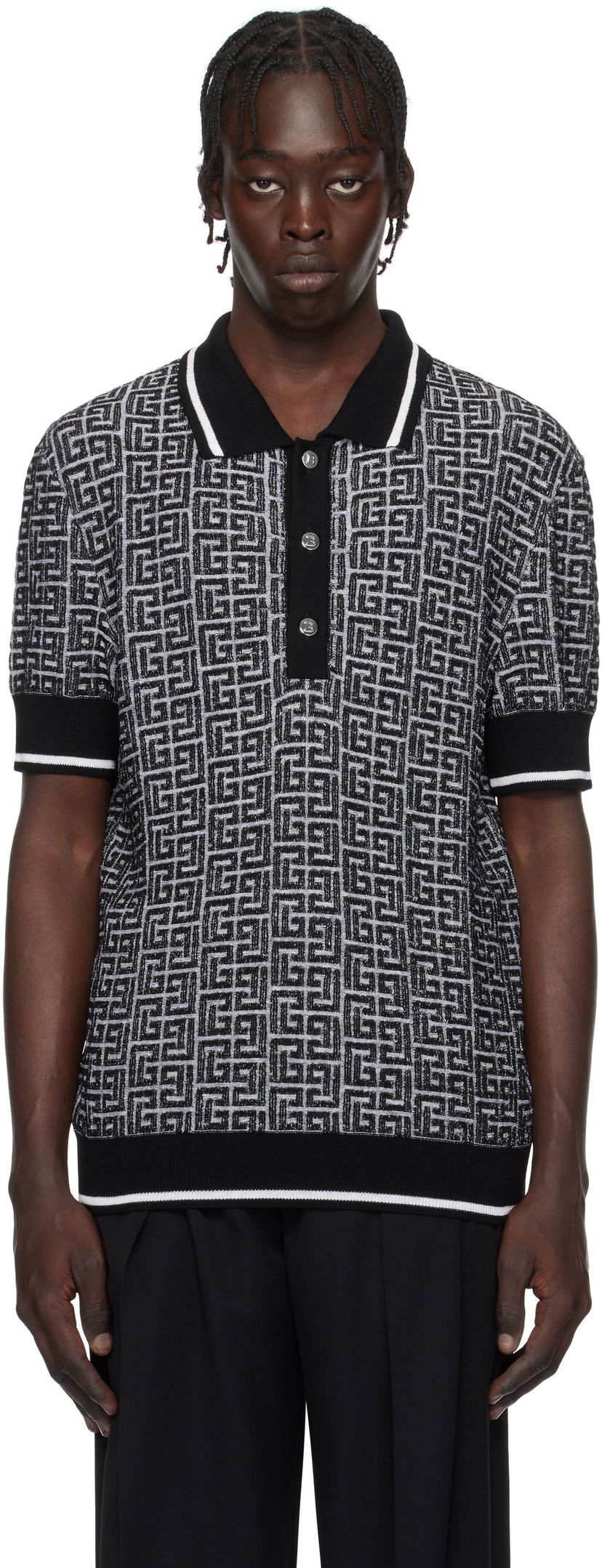 Polotröja Balmain Black & White Labyrinth Knit Polo Shirt Svart | EH1GB020KI03