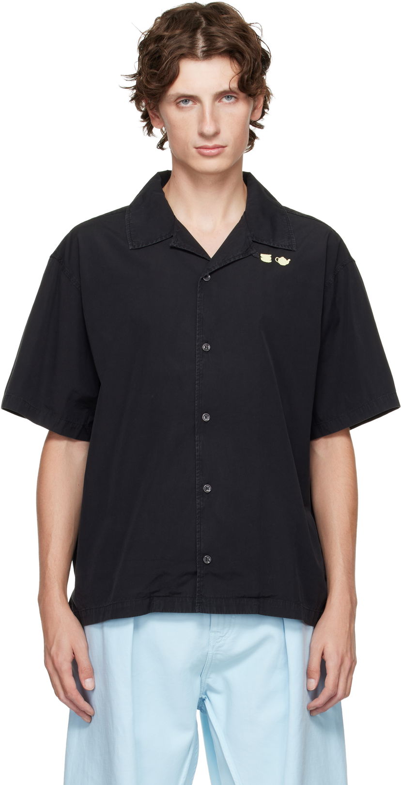 Skjorta JW Anderson Teapot and Teacup Embroidery Spread Collar Short Sleeve Shirt Svart | SH0371-PG1823