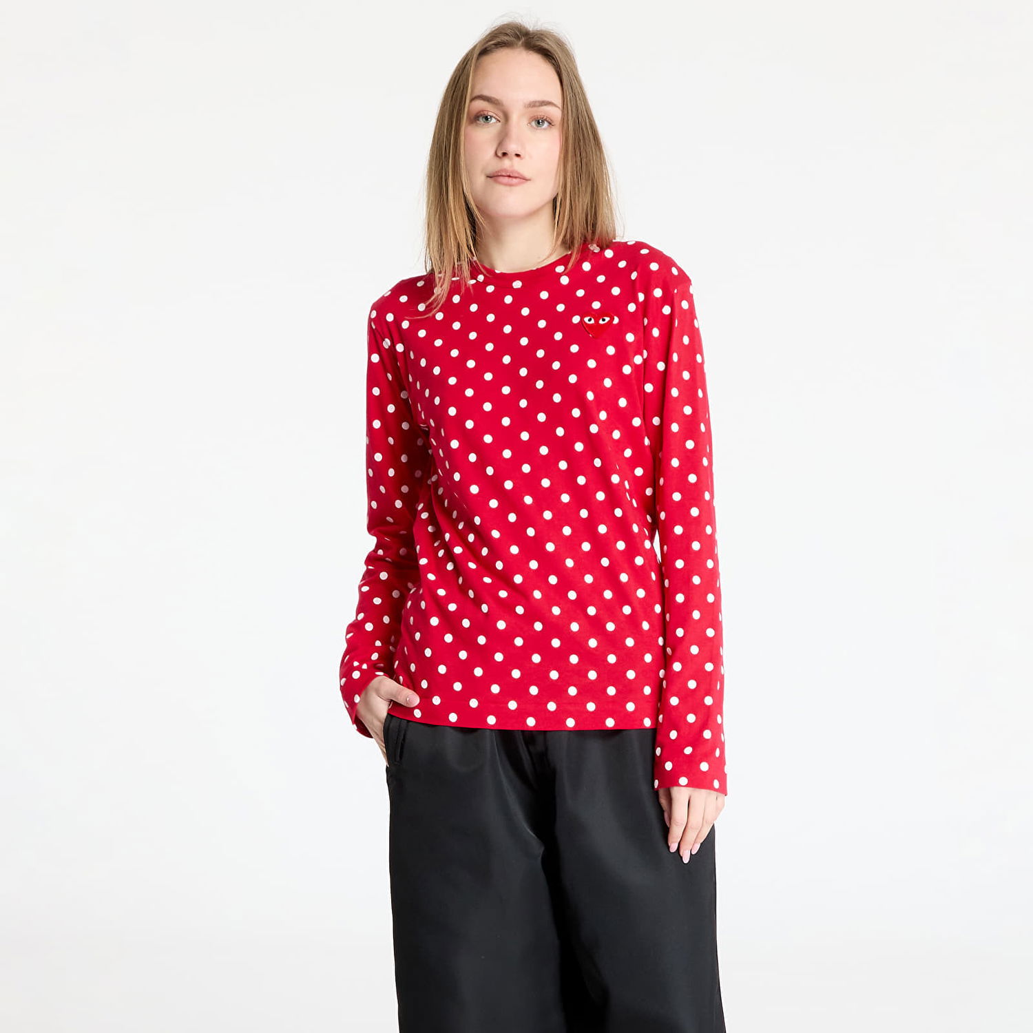 T-shirt Comme des Garçons Play Heart Logo Long Sleeve Dotted T-Shirt Röd | AX-T166 RED, 0