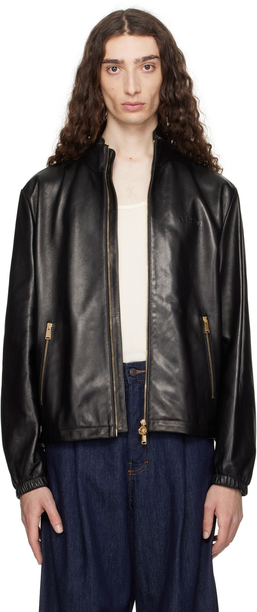 Jacka Versace Versace Plongé Leather Jacket Svart | 1019606_1A14141
