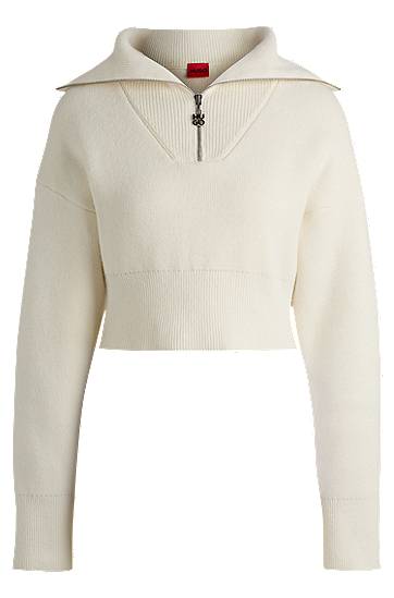 Sweater BOSS Cropped Sweater with Logo Zip Puller Vit | 50522545