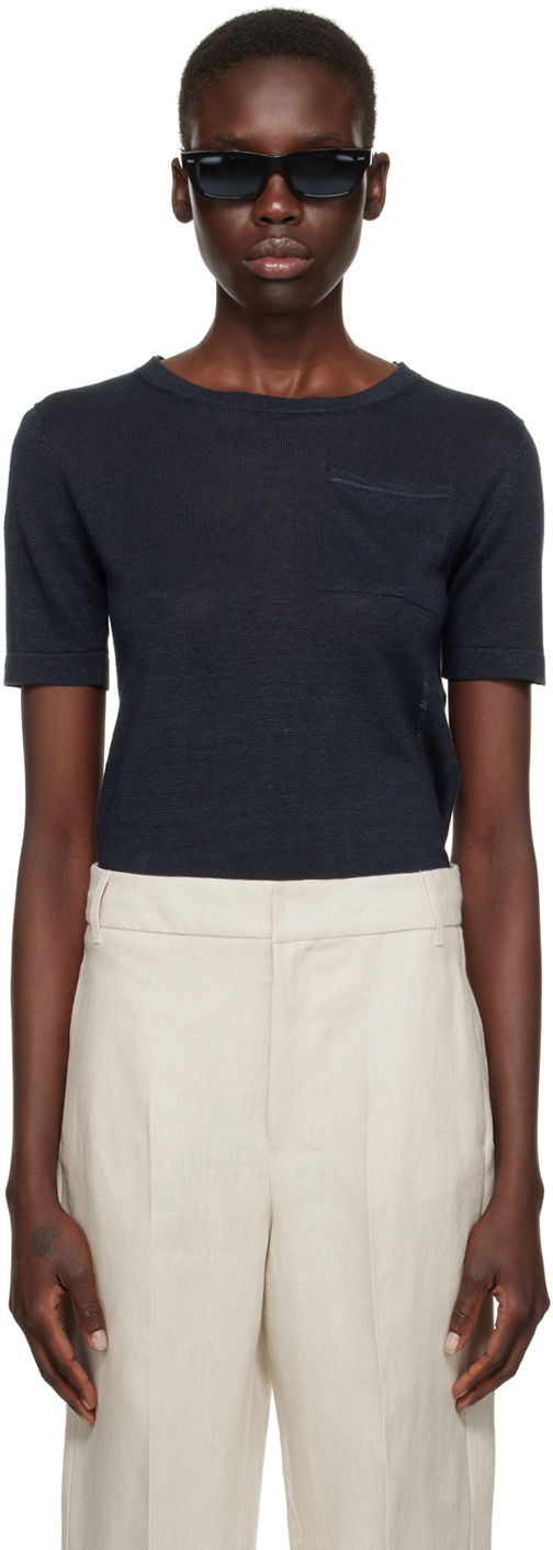 T-shirt Max Mara Pocket Linen T-Shirt Mörkblå | 2419361013600