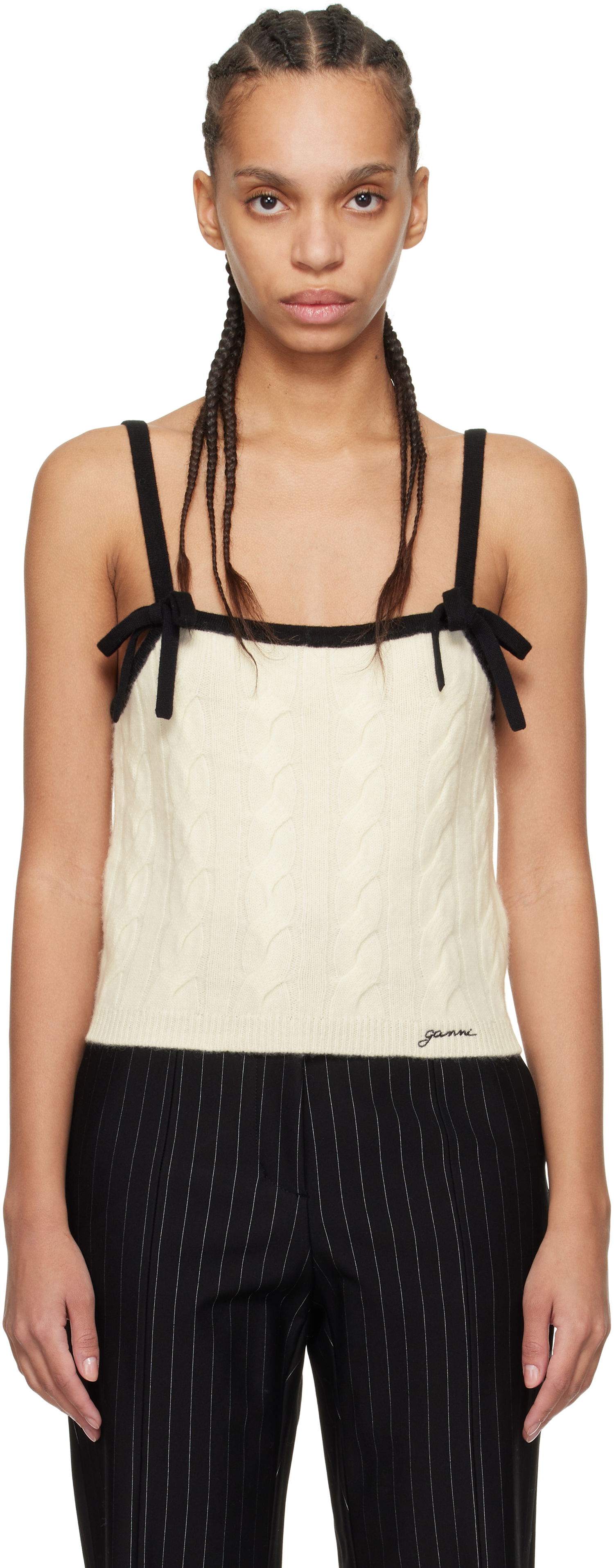 Linne GANNI Off-White & Black Cashmere Mix Strap Tank Top Beige | K2416, 0