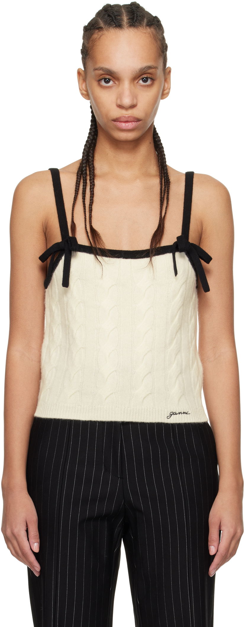 Linne GANNI Off-White & Black Cashmere Mix Strap Tank Top Beige | K2416